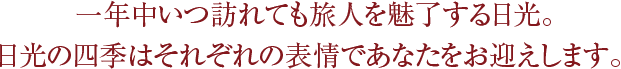 一年中いつ訪れても旅人を魅了する日光。日光の四季はそれぞれの表情であなたをお迎えします。